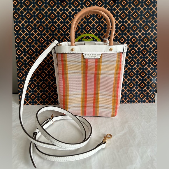 Tory Burch Mini Perry Mesh Tote Canyon Flower Plaid White Pink Tan Yellow Gold - Picture 1 of 13